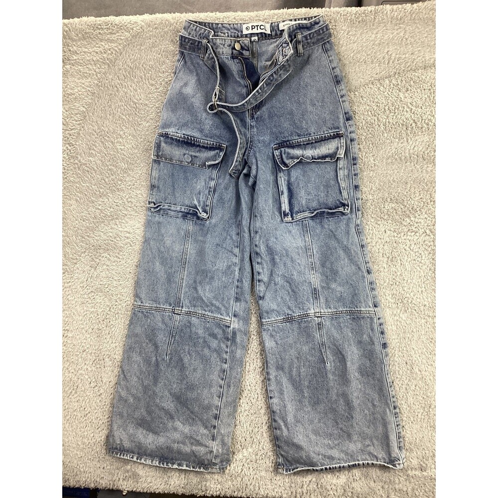 PTCL Ethikal Brand Women's Cargo Jeans Size 26 Blue Acid Wash Wide Leg High Rise